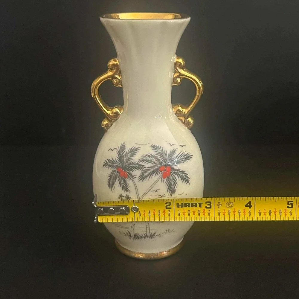 Tropical Palm Tree Gold Handles Vintage Bud Vase Cream Gold Trim Mid-Century